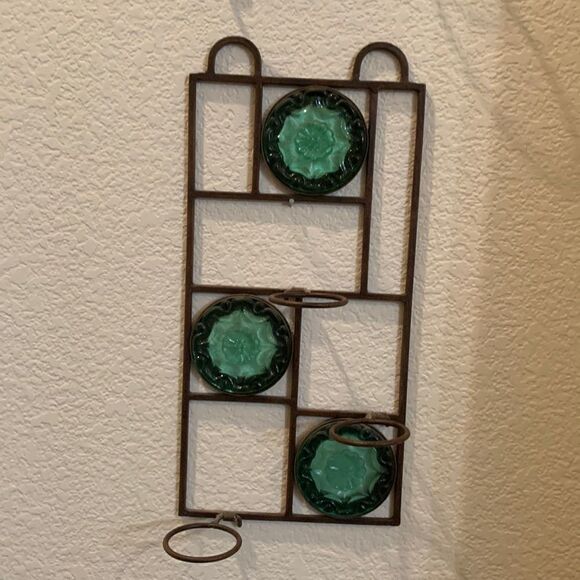 Party Lite Candle 3 Votive Holder Heavy Green Glass Metal Wall Decor In Out Door - Picture 1 of 7